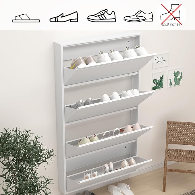 GREATMEET Slim Wall Mounted Shoe Cabinet, 6 Inch Narrow White Hidden Metal Shoe Storage with 4 Flip Drawers, Tall 57 Inch Steel Space Saving Organizer Rack for Entryway Hallway Small Spaces