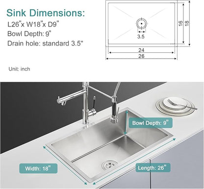 26 inch Bar Sink, KINKIB 26 x 18 x 9 inch Undermount Bar or Prep Kitchen Sink, Handmade Single Bowl T-304 Stainless Steel Small Kitchen Sink with Strainer