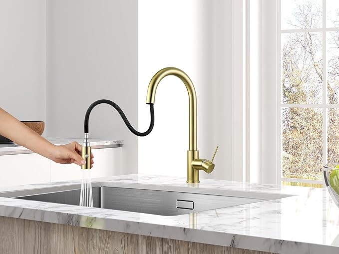 AguaStella AS60CB Brushed Gold Softly Kitchen Sink Faucet with Pull Down Sprayer Single Handle