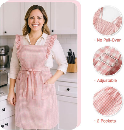 Vintage Gingham Apron for Women, Ruffle Straps, 2 Pockets, Soft Cotton, Apron Dress Style for Cooking & Baking