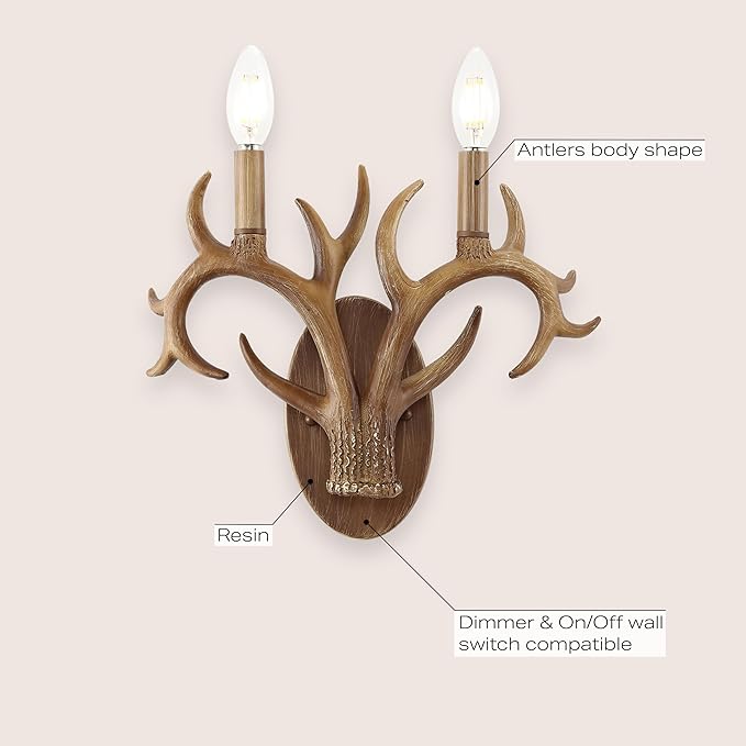 JONATHAN Y 13.25" Brown Wood Finish Faux Antler LED Vanity Light Set of 2, Rustic Wall Sconces for Bathroom Mirror Hallway, Southwestern Farmhouse Decor, LED Bulbs Included (JYL6308A)