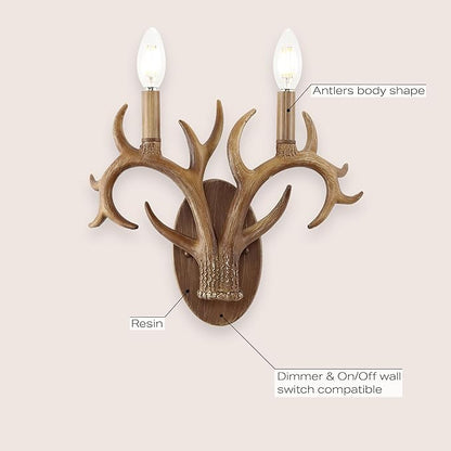 JONATHAN Y 13.25" Brown Wood Finish Faux Antler LED Vanity Light Set of 2, Rustic Wall Sconces for Bathroom Mirror Hallway, Southwestern Farmhouse Decor, LED Bulbs Included (JYL6308A)