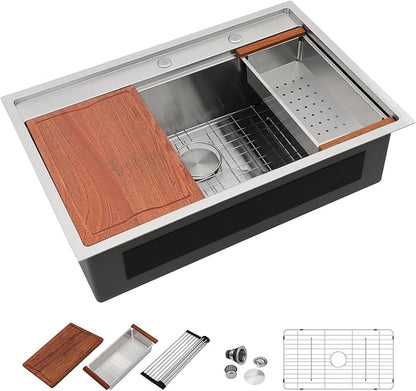 Dcolora 33x22 Drop In Kitchen Sink Splash Guard Stainless Steel Single Bowl Topmount Workstation Sinks, Round Corner 33"x22"x10", DC-T7757