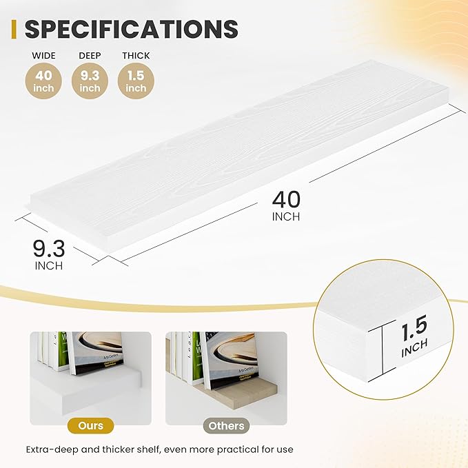 Acovy 40 Inch Floating Shelves, 9.3" Deep Floating Shelf Wall Mounted, 40" Wall Shelves, Rustic Deep Bookshelf, Large Display Shelves & Storage Shelves for Bedroom, Living Room, White, Set of 2