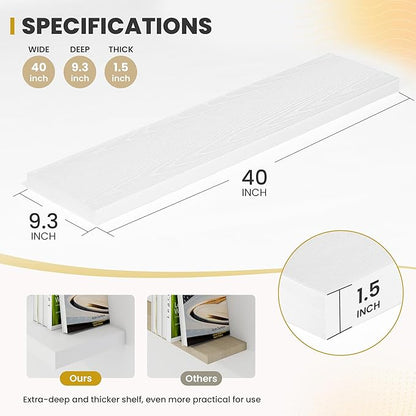 Acovy 40 Inch Floating Shelves, 9.3" Deep Floating Shelf Wall Mounted, 40" Wall Shelves, Rustic Deep Bookshelf, Large Display Shelves & Storage Shelves for Bedroom, Living Room, White, Set of 2