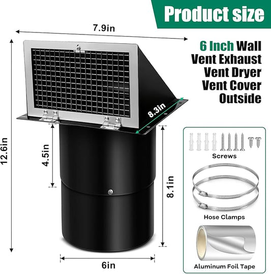 6 Inch Hooded Wall Vent Cover with Screen and Damper Galvanized Steel Exhaust Vent for Kitchen Range Hood HVAC Dryer, Black