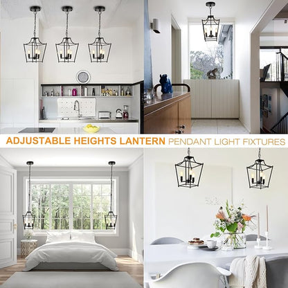 Lantern Pendant Light Black Pendant Light Fixtures 3-Light Black Lantern Pendant Lights, 9.4" Adjustable Farmhouse Pendant Lighting for Kitchen Island Dining Room Foyer