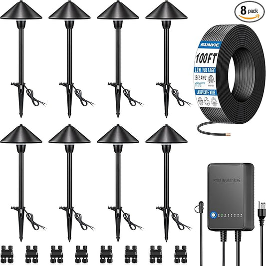 SUNVIE All-In-One LED Low Voltage Landscape Lighting Kit, 8 Pack Pathway Lights with Connector Transformer and 100FT Low Voltage Wire, 3000K Landscape Lighting for Path Walkway Garden Yard