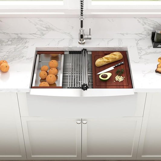 Sarlai 27 Inch Farmhouse Kitchen Sink Stainless Steel - 27x22 Inch Apron Front undermount Ledge Workstation 16 Gauge 304 Stainless Steel Single Bowl Luxury Kitchen Farm Sink