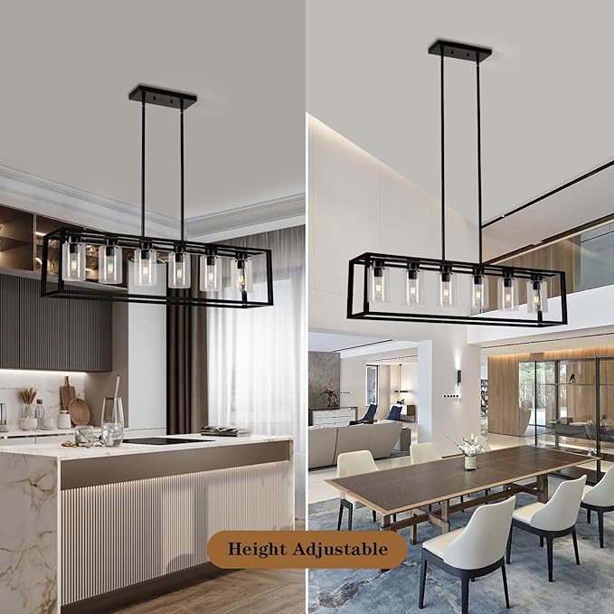 Farmhouse Dining Room Light Fixture Kitchen Island 6-Light Pendant Lighting， Adjustable Rectangle Black Contemporary Chandeliers with Glass Shade (6 Light)