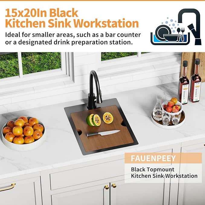 Black 15x20In Kitchen&Bar Workstation Sink- Small Stainless Steel Drop In Single Bowl Bar Sink Built-in Ledge Topmount Workstation Sink With Accessory-SS Grid Cutting Board,Silicon Mat,Drain Assembly