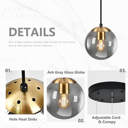 KoKo&Yukina Gold 3-Light Globe Pendant Light Modern Globe Chandelier Light Fixture Hanging Lights Adjustable with Grey Glass Pendant Lights Kitchen Island