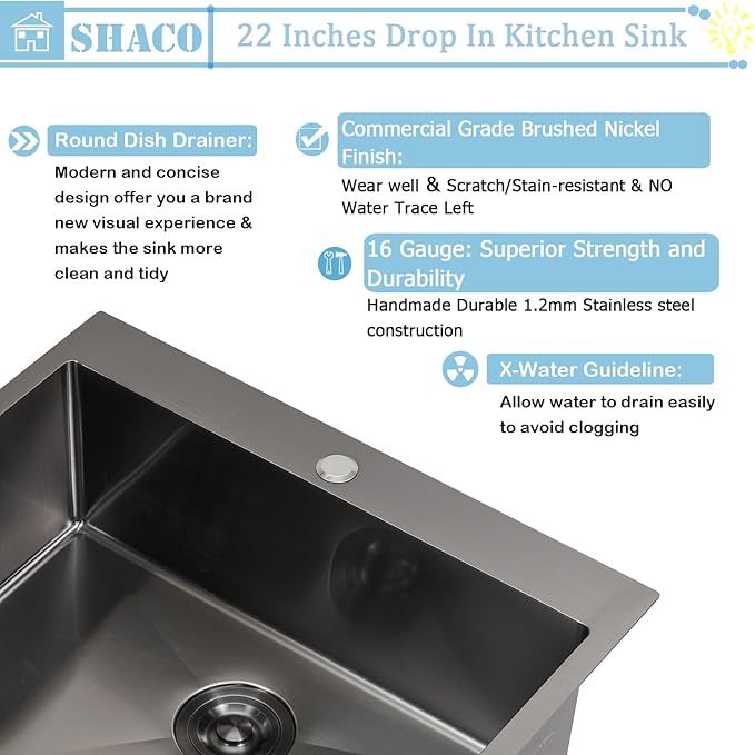 SHACO 22x18 Inch Drop In Black Bar Sink, 22 Inch Gunmetal Black Outdoor RV Laundry Utility Sink, Stainless Steel 16 Gauge Single Bowl Prep Small Kitchen Sink with Strainer Drain