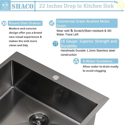 SHACO 22x18 Inch Drop In Black Bar Sink, 22 Inch Gunmetal Black Outdoor RV Laundry Utility Sink, Stainless Steel 16 Gauge Single Bowl Prep Small Kitchen Sink with Strainer Drain