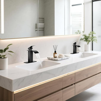 Matte Black Bathroom Faucets, Waterfall Bathroom Sink Faucet Modern Single Handle Bathroom Faucte 1 or 3 Hole, RV Mixer Tap Vanity Faucet - Includes Supply Hoses Deck Plate