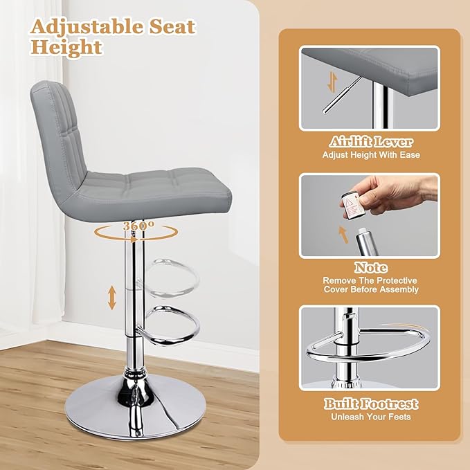 ERGOSEAT Bar Stools Set of 2,Armless Adjustable Swivel Barstools with Back,6-Squares Double Needle PU Leather Counter Height Bar Stools for Kitchen Island,Light Gray