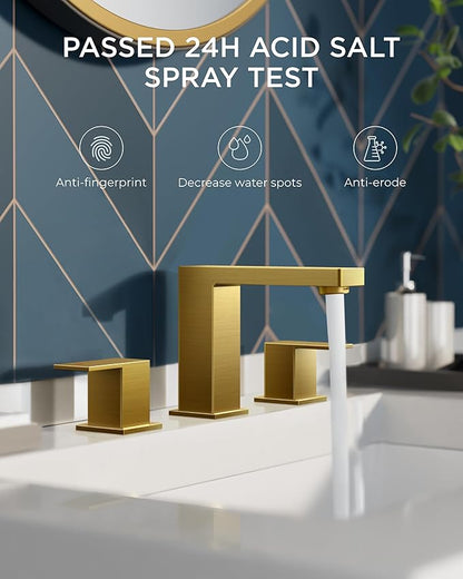 FORIOUS 8 Inch Widespread Gold Bathroom Faucet, Square 2 Handle Brushed Gold Bathroom Sink Faucet 3 Hole with Metal Drain, 24" CUPC Supply Lines and Spare Aerator, Vanity Sink Remodel