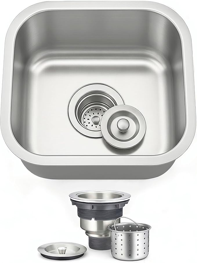 ORLANDO 16x16 inch Undermount Bar Prep Sink – 18 Gauge Stainless Steel Single Bowl Compact Kitchen Sink with Basket Strainer for Small Kitchen & Wet Bar