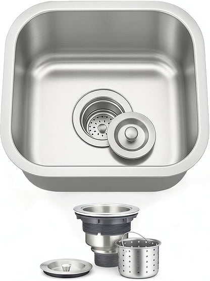 ORLANDO 16x16 inch Undermount Bar Prep Sink – 18 Gauge Stainless Steel Single Bowl Compact Kitchen Sink with Basket Strainer for Small Kitchen & Wet Bar