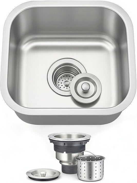 ORLANDO 16x16 inch Undermount Bar Prep Sink – 18 Gauge Stainless Steel Single Bowl Compact Kitchen Sink with Basket Strainer for Small Kitchen & Wet Bar