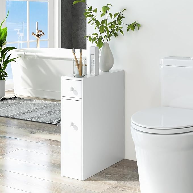 Nightcore Narrow Bathroom Storage Cabinet, Multi-Functional Storage Organizer with Drawers, Double Door, Shelves & Toilet Paper Holder, Space-Saving Storage Cabinet for Toilet, Kitchen,(White)