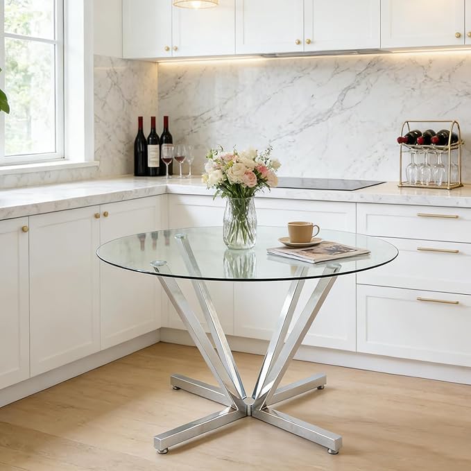Round Dining Table for 4 6 People, 45.3" Modern Glass Kitchen Table, Circle Silver Dinner Table with 0.32" Thick Tempered Glass Top and Metal Legs, Glass Dining Room Furniture for Kitchen Living Room