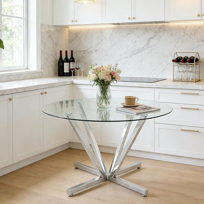 Round Dining Table for 4 6 People, 45.3" Modern Glass Kitchen Table, Circle Silver Dinner Table with 0.32" Thick Tempered Glass Top and Metal Legs, Glass Dining Room Furniture for Kitchen Living Room