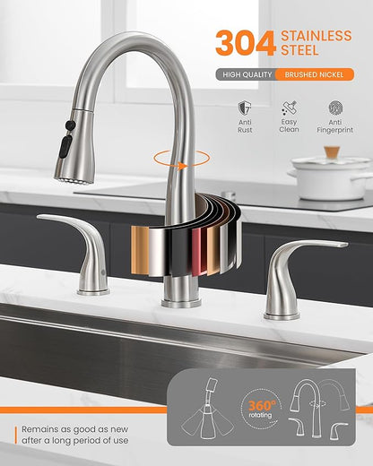 TIORIY 3 Hole Kitchen Faucet with Pull Down Sprayer, Brushed Nickel, Double Handle High Arc Faucet for Kitchen Sink with 3 Mode Spray, Stainless Steel, T-3005BN