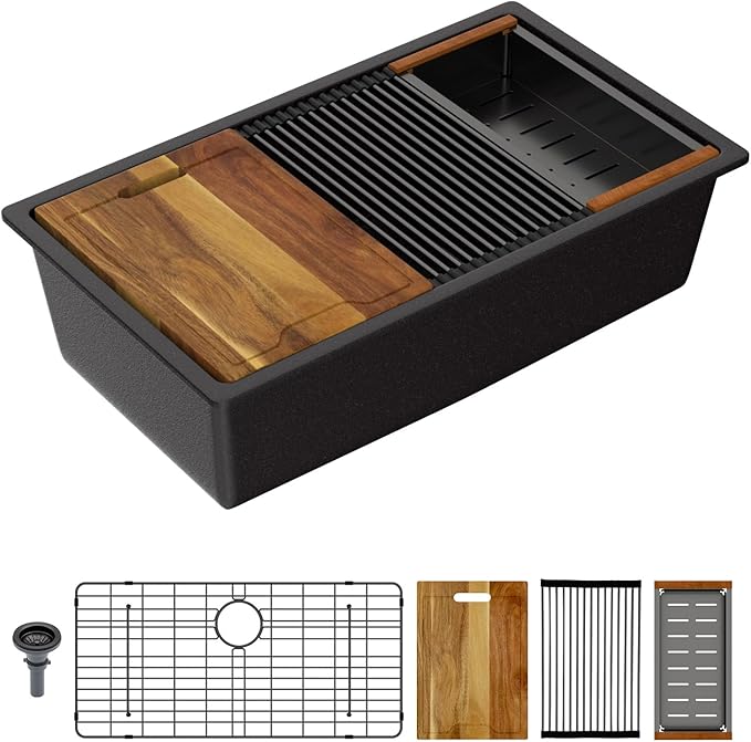 Lordear 32 Inch Black Granite Composite Kitchen Sink Workstation 32x19 Matte Black Undermount Quartz Sinks Under Counter Single Bowl Sink with Black Accessories