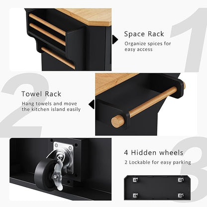 Merax Farmhouse Rolling Kitchen Island on Wheels with Drop Leaf Table & Power Outlet, Wood Kitchen Cart on Wheels with Towel Rack, 6 Drawers & Cabinet, 55" Wide Black
