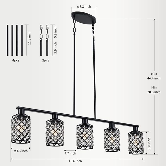 Kitchen Island Lighting,5-Light Dining Room Light Fixture Over Table,Black Linear Chandelier with Black Handmade Crystal Shade,Pendant Lighting for Kitchen Light Dining Table Living Room