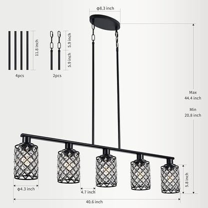 Kitchen Island Lighting,5-Light Dining Room Light Fixture Over Table,Black Linear Chandelier with Black Handmade Crystal Shade,Pendant Lighting for Kitchen Light Dining Table Living Room