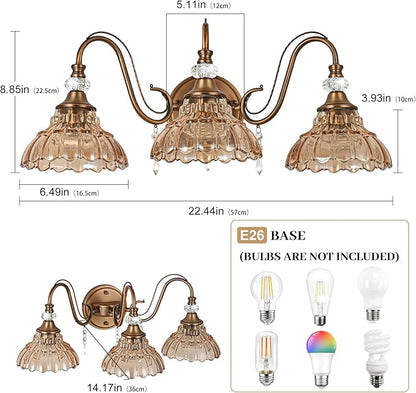 Vintage Bathroom Vanity Light, 3-Light Matte Antique Brass Finish Wall Sconce with Hanging Crystal Accents and Flower-Shaped Amber Glass Shades, Retro Wall Mount Vanity Light Over Mirror for Bathroom