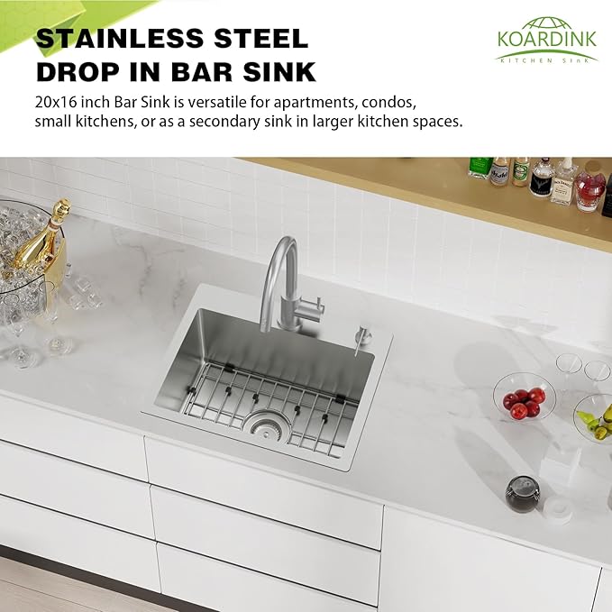 Kitchen And Bar Sink, 20x16 Inch Stainless Steel Drop In Modern Single Bowl Topmount Kitchen And Bar Sink Combo-SS Grid,Silicon Mat,Drain Strainer Set Compatibility With Various Kitchen&Bar Style