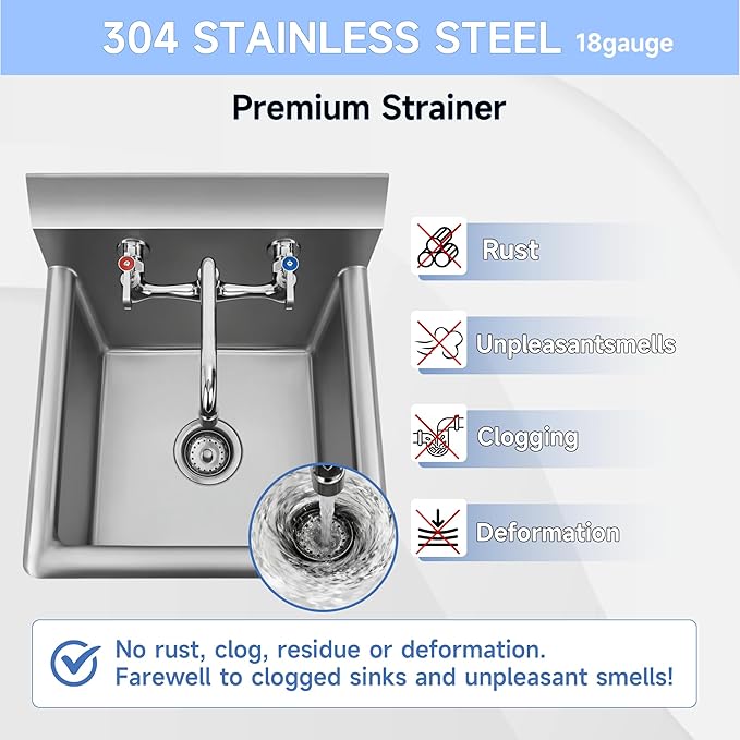 ROCKPOINT Stainless Steel Prep & Utility Sink with 8" Faucet, 1 Compartment Commercial Handmade Sink with 15" D x 15" W x 12" H Bowl for Restaurant,Kitchen,Laundry,Hotel and Home