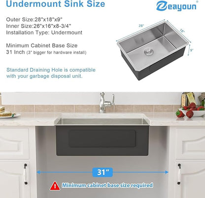 28 Inch undermount Kitchen Sink 18 Gague Stainless Steel Single Bowl Sink Handmade Large Deep Kitchen Sinks,28"x18"x9"