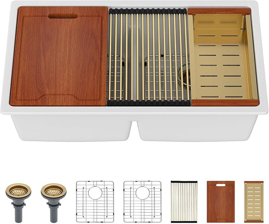 Sarlai 33 Granite Composite Kitchen Sink Double Bowl - 33"x19" White Granite Kitchen Sink Ledge Workstation White Undermount Double Bowl 50/50 Low Divide Quartz Classic Composite Under Counter Basin