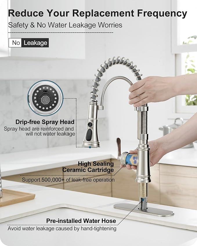 Pull-down Sprayer Kitchen Faucets Brushed Nickel 3 Mode Single Hole Kitchen Faucet 3 Hole, 360 Degree Swivel Stainless Steel Faucet for Kitchen Sink, 1 Handle Kitchen Sink Faucet with Deck Plate
