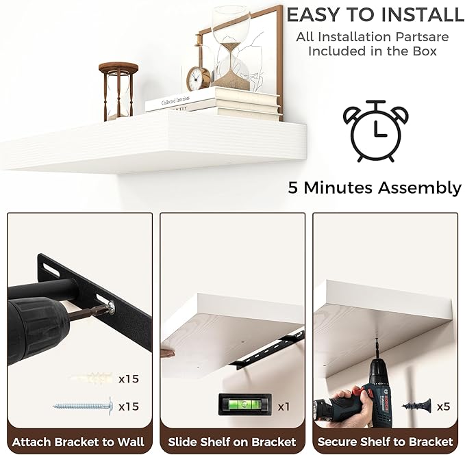 Venusmiles Floating Shelves for Wall, 24 Inch Wide x 12 Inch Deep Floating Shelves, Long Wood Floating Wall Shelf Shelves for Living Room Bathroom Bedroom Kitchen Home - (White, 24" W x 12" D x 2" H)