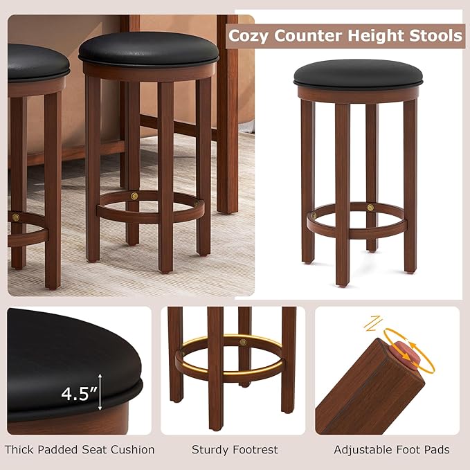 COSTWAY 3 Pieces Bar Table Set with Power Outlet, 36” Counter Height Bar Table with 2 Upholstered Bar Stools, Pub Table Set for Kitchen, Dining Room, Living Room, Small Space (Black + Walnut)