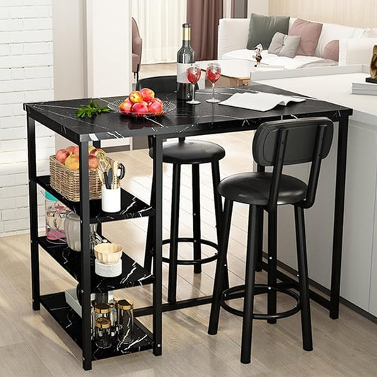 Recaceik Pub Dining Table Set for 2, Table and Bar Stools with 3 Storage Shelves, MDF Board & PU Leather Backrest Chairs, 3 Piece Dining Set for Small Space, Apartment, Kitchen Island, Black