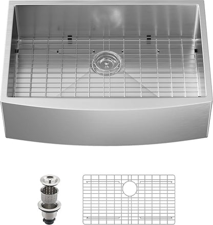30"x 21" Farmhouse Kitchen Sink, ALWEN 18 Gauge Handmade Stainless Steel Apron-front Single Bowl Farm Sink with Accessories
