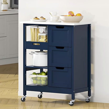 DWVO Solid Wood Top Rolling Kitchen Island Cart, 3 Tier Mobile Kitchen Storage Island Cart with 3 Drawers and 3 Opening Storage Shelves for Kitchen & Dining Area, Navy Blue