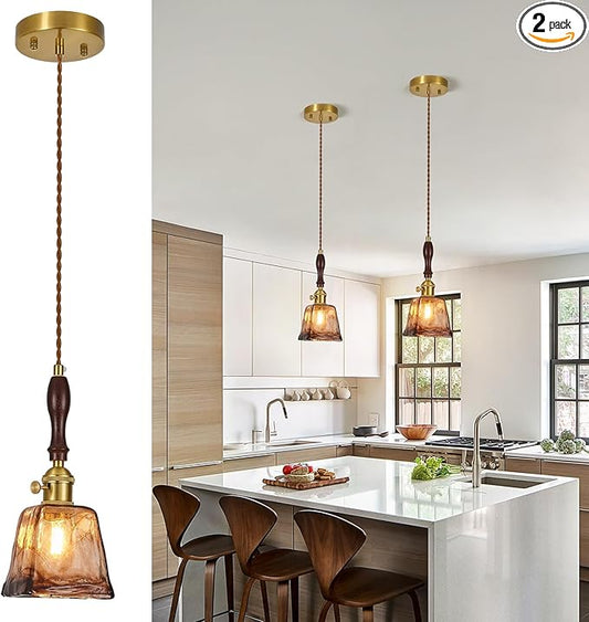 Amber Glass Vintage Pendant Light Height Adjustable Handmade Glass Pendant Lights Kitchen Island Gold Hanging Light Fixture with Wood Handle for Bedroom Dining Room Hotel (2Pack)