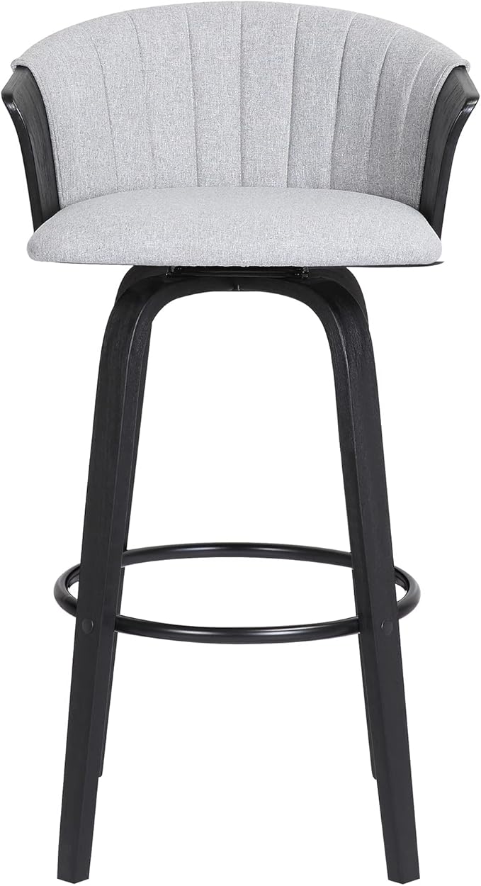 Armen Living Diana 26" Seat Height Mid Century Modern Swivel Black Wood Bar Stool for Kitchen Island Counter in Light Gray Fabric
