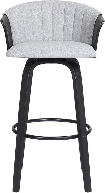 Armen Living Diana 26" Seat Height Mid Century Modern Swivel Black Wood Bar Stool for Kitchen Island Counter in Light Gray Fabric