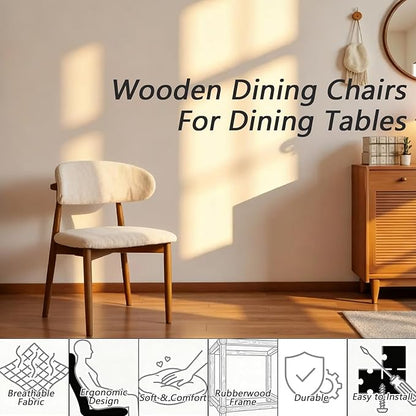 Modern Upholstered Dining Chairs, Beige Fabric Seat with Wooden Legs, Contemporary Kitchen Side Chairs, Set of 2