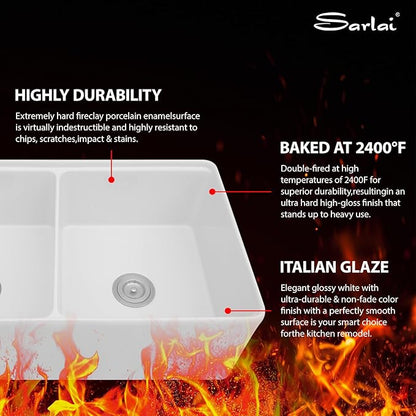 Sarlai 33 White Farmhouse Sink Double Bowl - 33 Inch White Kitchen Sink Ledge Workstation Ceramic Porcelain Fireclay Double Bowl 50/50 Apron Front Reversible Deep Rectangular Farm Sinks