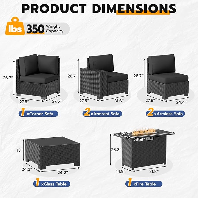 Patio Furniture Set, Wide Armrest Outdoor Furniture Set with 44" Fire Pit Table Thick Cushions, 7 Piece Wicker Rattan Patio Sectional Sofa for Backyard, Poolside, Garden