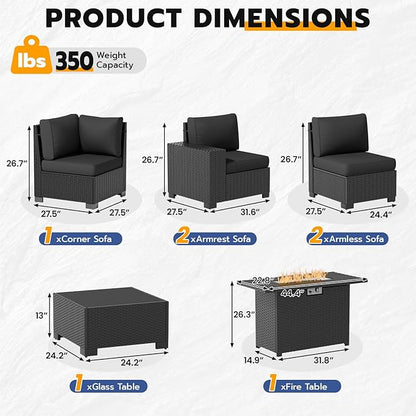 Patio Furniture Set, Wide Armrest Outdoor Furniture Set with 44" Fire Pit Table Thick Cushions, 7 Piece Wicker Rattan Patio Sectional Sofa for Backyard, Poolside, Garden